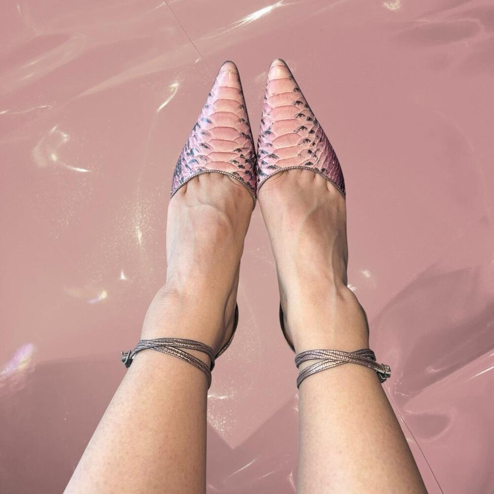 Y2K fairy core pink snakeskin embossed leather heels with ankle strap size 7M